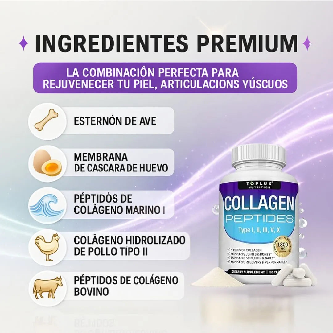 Collagen Toplux: Type I, II, III, V, X - 90 capsulas, Toplux Nutrition✨
